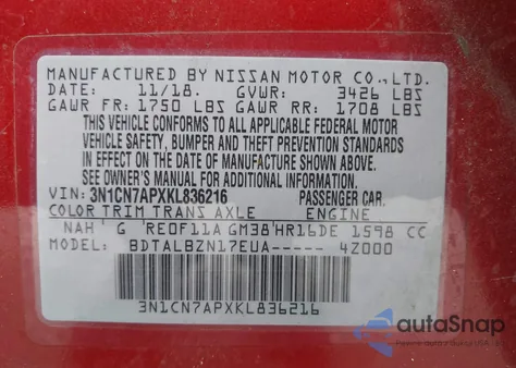 2019 Nissan Versa 1.6 Sv z USA, uszkodzony, nr VIN 3N1CN7APXKL836216